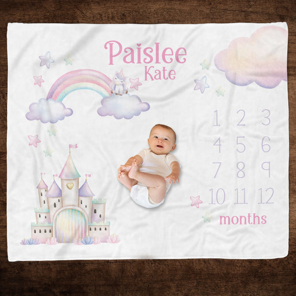 PRINCESS CASTLE PERSONALIZED Baby Girl Milestone Blanket, Rainbow Castle Unicorn Blanket, Baby Growth Blanket, Newborn Girl Month Blanket