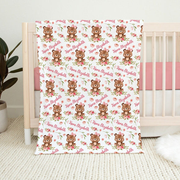 Pink Floral Woodland Bear Baby Girl Blanket, Personalized Name Blanket, Toddler Girl Gift, Baby Bear Blanket, Woodland Baby Shower Gift Girl