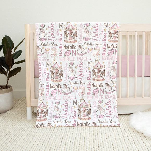 Pink Carousel Baby Girl Personalized Blanket, Girl Baby Name Blanket, Carousel Nursery Decor, Newborn Girl Gift, Carousel Baby Shower Gift