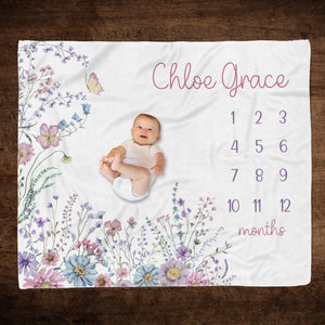 PERSONALIZED WILDFLOWER Baby Girl Milestone Blanket, Newborn Girl Age Blanket, Infant Month to Month Blanket, Custom Girl First Year Blanket