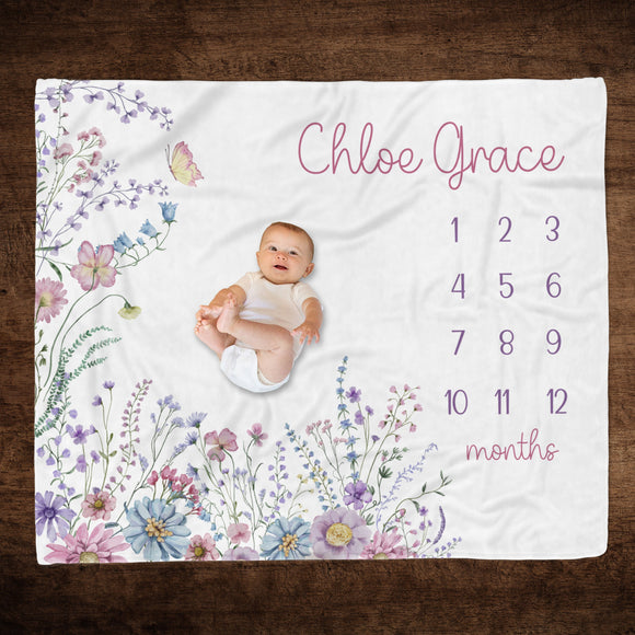PERSONALIZED WILDFLOWER Baby Girl Milestone Blanket, Newborn Girl Age Blanket, Infant Month to Month Blanket, Custom Girl First Year Blanket