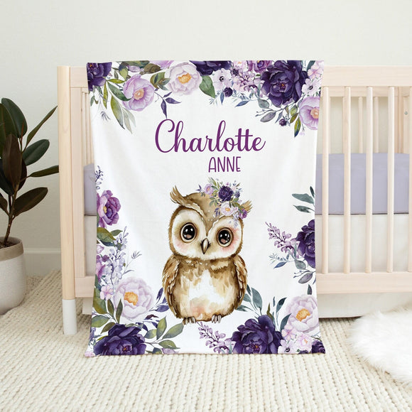 PERSONALIZED BABY GIRL Owl Blanket, Baby Animal Blanket, Purple Floral Toddler Girl Name Blanket, Owl Baby Shower Gift, Newborn Girl Blanket