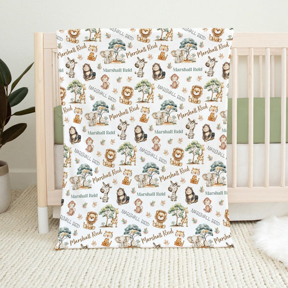 PERSONALIZED SAFARI BABY Boy Blanket Fleece Minky Newborn Blanket Custom Name Jungle Nursery Decor, Safari Baby Name Blanket Infant Boy Gift