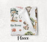 BABY GIRL SAFARI Animal Blanket, Personalized Floral Safari Blanket, Baby Girl Name Blanket Jungle Theme, Safari Nursery Newborn Girl Gift