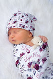 PURPLE FLORAL BABY Swaddle Set, Newborn Girl Gift, Floral Baby Girl Swaddle Blanket Hat Headband, Custom Name Baby Blanket, Baby Shower Gift