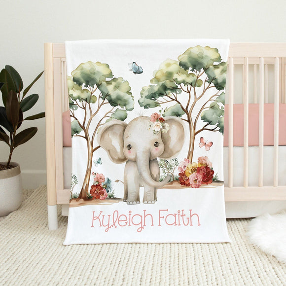 GIRL SAFARI BLANKET, Personalized Elephant Baby Blanket, Floral Elephant Baby Gift, Elephant Baby Shower Gift, Toddler Girl Birthday Gift