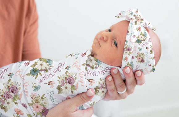 Personalized Vintage Floral Baby Swaddle Baby Girl Coming Home Outfit Custom Floral Baby Blanket Swaddle Blanket Hat Headband Baby Girl Gift