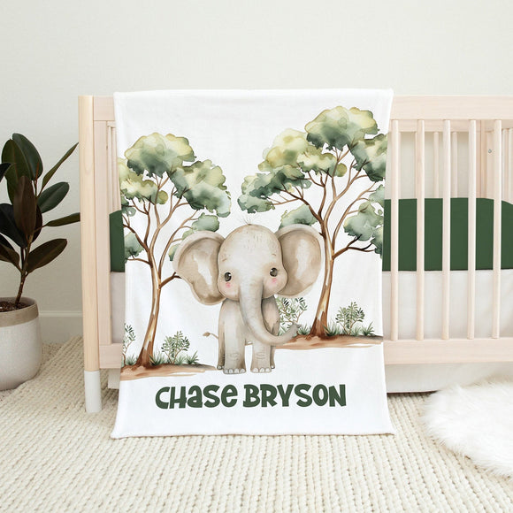 BABY BOY ELEPHANT Blanket, Gift For Baby Boy, Safari Baby Gift, Baby Name Blanket, Toddler Boy Safari Blanket, Elephant Baby Shower Gift