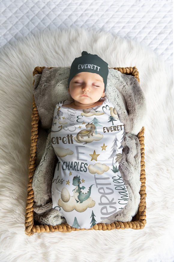 BABY BOY DRAGON Swaddle Blanket Baby Hat Newborn Baby Dragon Blanket Baby Custom Name Swaddle Set Dragon Baby Boy Gift Hospital Coming Home