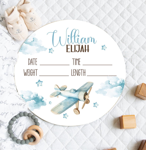 AIRPLANE BIRTH STAT Sign, Newborn Boy Baby Announcement Sign, Blue Airplane Nursery Baby Name Sign, Round Wood Airplane Baby Stats Baby Gift