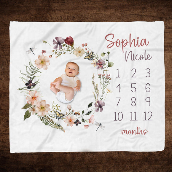 WILDFLOWER MILESTONE BLANKET, Baby Girl Month Blanket, Baby Girl Growth Wildflower Photo Blanket Wildflower Nursery Baby Girl Gift Keepsake