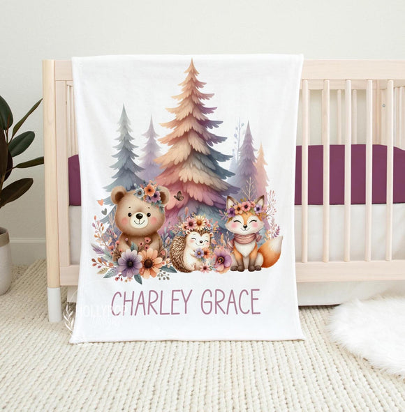 WOODLAND BABY GIRL Forest Animal Blanket, Personalized Baby Name Blanket Floral Woodland Blanket, Custom Baby Girl Gift Toddler Girl Blanket