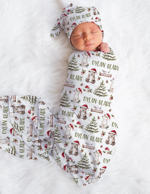 WOODLAND CHRISTMAS BABY Swaddle Blanket, Christmas Baby Blanket, Newborn Baby Swaddle Set, Christmas Baby Hospital Gift, Baby Christmas Gift