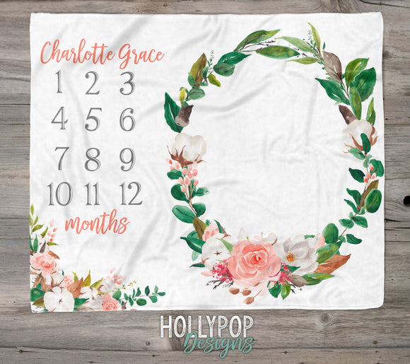 Baby Girl Milestone Blanket, Blush Pink Floral Greenery Wreath, Floral Milestone Baby Name Blanket Girl, Monthly Growth Chart Blanket Girl