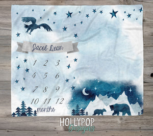 Baby Boy Blue Mountain Monthly Blanket, Bear Milestone Blanket, Monthly Photo Prop, Track Monthly Growth, Personalized Newborn Shower Gift