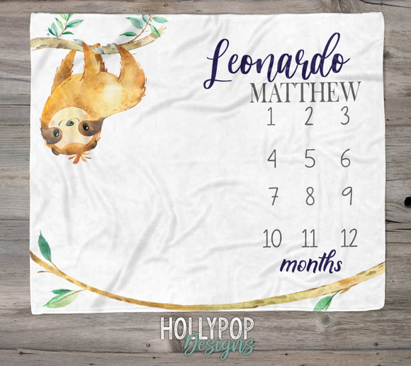 Baby Boy Sloth Milestone Blanket, Baby Boy Monthly Growth Tracker, Baby Month Sloth Blanket, Custom Name, Track Baby Growth, Watch Me Grow