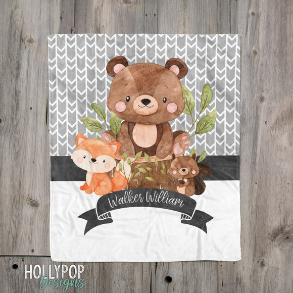 Baby Boy Personalized Woodland Animals Custom Name Blanket