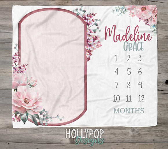 Baby Girl Milestone Blanket, Pink Floral Frame Monthly Growth Blanket, Track Baby Growth, Personalized Girl Growth Chart, Newborn Girl Gift