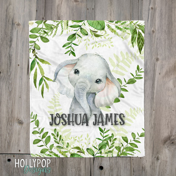 Baby Boy Elephant Blanket, Baby Name Blanket, Elephant Greenery Blanket, Personalized Boy Name Blanket, Baby Shower Gift, Safari Animals