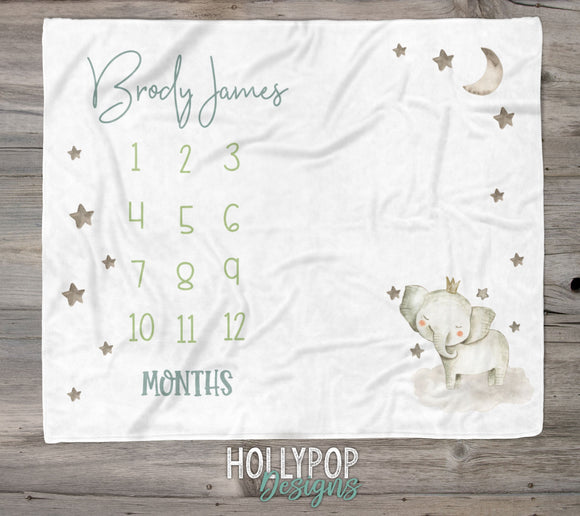 Boy Elephant Baby Milestone Blanket, Personalized Safari Animals Baby Month Blanket, Boy Baby Name Blanket, Track Baby Growth, Monthly Photo