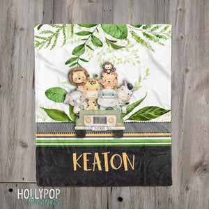 Safari Animals in Jeep Personalized Baby Boy Name Blanket