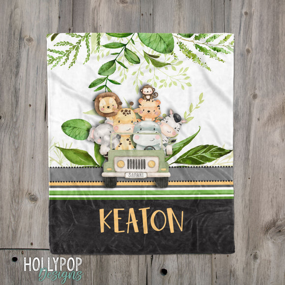 Safari Animals in Jeep Personalized Baby Boy Name Blanket