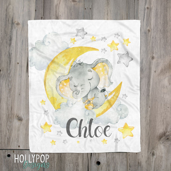 Yellow Gray Baby Elephant Blanket, Elephant Baby Name Blanket, Gender Neutral Blanket, Personalized Name Baby Girl boy Blanket, Newborn Gift