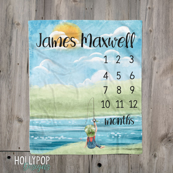 Baby Boy Fishing Milestone Blanket, Fishing Nursery Decor, Track Baby Growth, Personalized Baby Name Blanket Little Boy Fishing, Boy Blanket