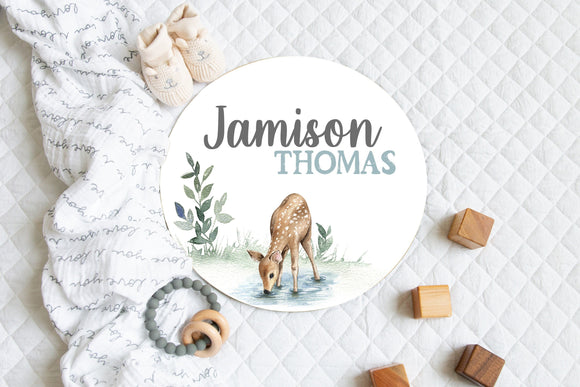 Woodland Boy Baby Name Sign, Round Wood Nursery Sign, Baby Deer Nursery Sign Decor, Newborn Boy Name Announcement Sign, Boy Nursery Decor