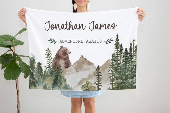Mountain Forest Blanket, Adventure Awaits Blanket, Personalized Baby Boy Blanket, Woodland Mountains Blanket, Boy Bear Blanket, Custom Name
