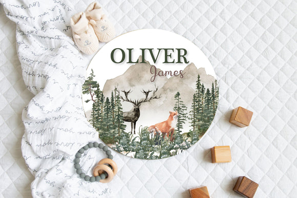 Woodland Theme Baby Name Round Wood Sign, Forest Theme Nursery Sign, Personalized Baby Name Announcement Sign, Boy Room Decor, Fox Deer Sign