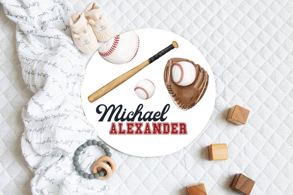 Baby Boy Baseball Name Sign, Name Announcement Sign, Personalized Newborn Name Round Wood Sign, Baseball Theme Nursery, Wooden Name Sign