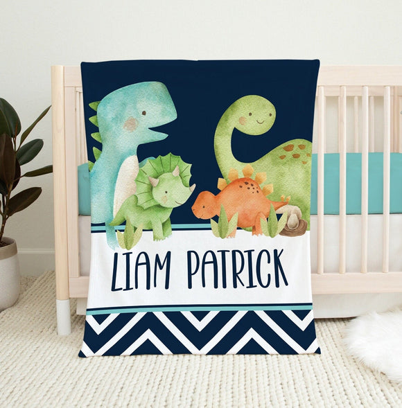 Baby Boy Dinosaur Blanket, Personalized Baby Name Blanket, Watercolor Dinosaurs, Boy Name Blanket, Baby Shower Gift, Custom Minky Blanket