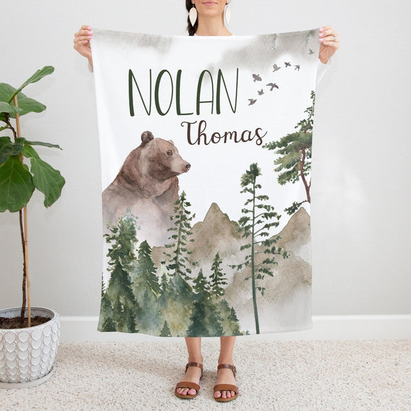 Woodland Blanket, Baby Boy Personalized Woodland Bear Blanket, Baby Name Mountains Blanket, Forest Decor, Toddler Boy Blanket, Boy Gift