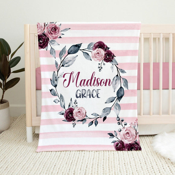 Personalized Baby Girl Blanket, Pink Floral Blanket, Custom Name Blanket Baby Girl, Baby Girl Gift, Girl Name Blanket, Baby Minky Blanket