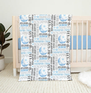 Baby Boy Blue Moon and Stars Baby Blanket, Personalized Baby Name Blanket, Blue Gray Blanket, Newborn Boy Swaddle, Baby Boy Shower Gift