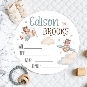 Baby Bear Airplane Birth Stats Sign, Pilot Airplane Clouds Baby Sign, Round Wood Sign, Flying Bear in Airplane, Newborn Boy Hospital Stats