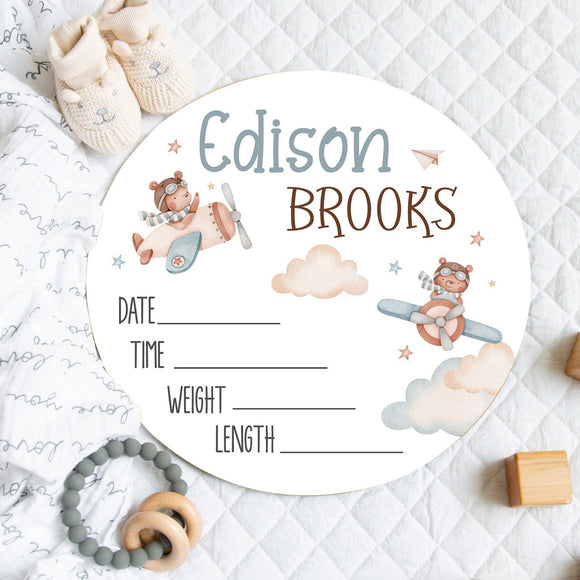 Baby Bear Airplane Birth Stats Sign, Pilot Airplane Clouds Baby Sign, Round Wood Sign, Flying Bear in Airplane, Newborn Boy Hospital Stats