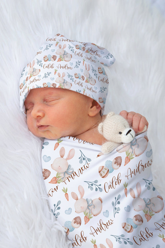 Baby Boy Easter Swaddle Blanket Knotted Hat Set, Personalized Baby Swaddle Set, Baby Bunny Blanket, Infant Hat Headband, Spring Baby Swaddle