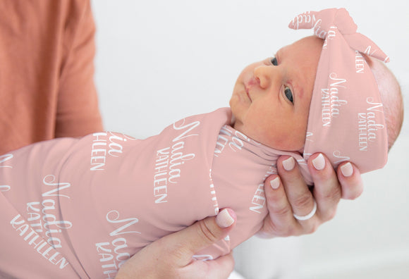 Peach Baby Name Swaddle set, Swaddle Blanket Hat Set, Custom Color Swaddle Blanket Baby Hat, Knotted Baby Beanie, Infant Headband, Baby Gift