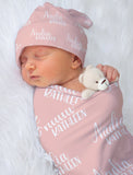Peach Baby Name Swaddle set, Swaddle Blanket Hat Set, Custom Color Swaddle Blanket Baby Hat, Knotted Baby Beanie, Infant Headband, Baby Gift