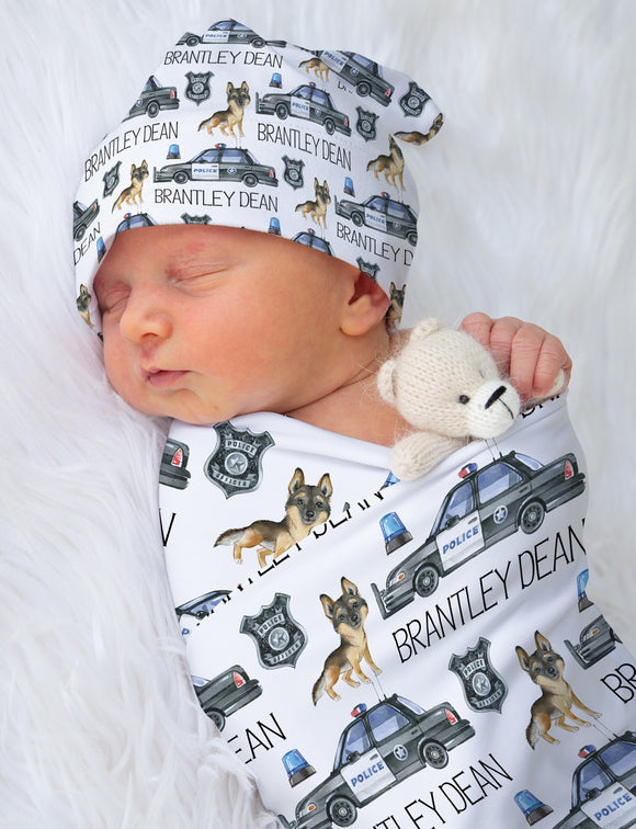 Baby Boy Cop Car Swaddle Blanket, Personalized Swaddle Hat Set, Baby Shower Gift, Custom Boy Swaddle, Knotted Baby Hat, Police Car Blanket