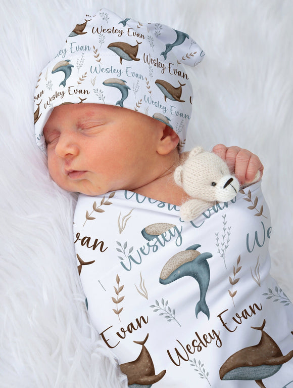 Baby Boy Custom Whale Swaddle Blanket Knotted Hat, Baby Name Swaddle Hat Headband, Whale Ocean Baby Blanket, Infant Name Blanket, Baby Gift