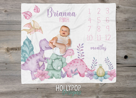 Baby Girl Dinosaur Milestone Blanket, Pink Purple Dinosaurs, Baby Girl Month Blanket, Baby Month Dinosaur Blanket, Girl Growth Photo Blanket