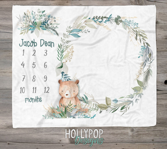 Woodland Boy Milestone Blanket, Baby Boy Growth Blanket, Woodland Bear Greenery Wreath, Personalized Boy Blanket, Boy Photo Prop Blanket