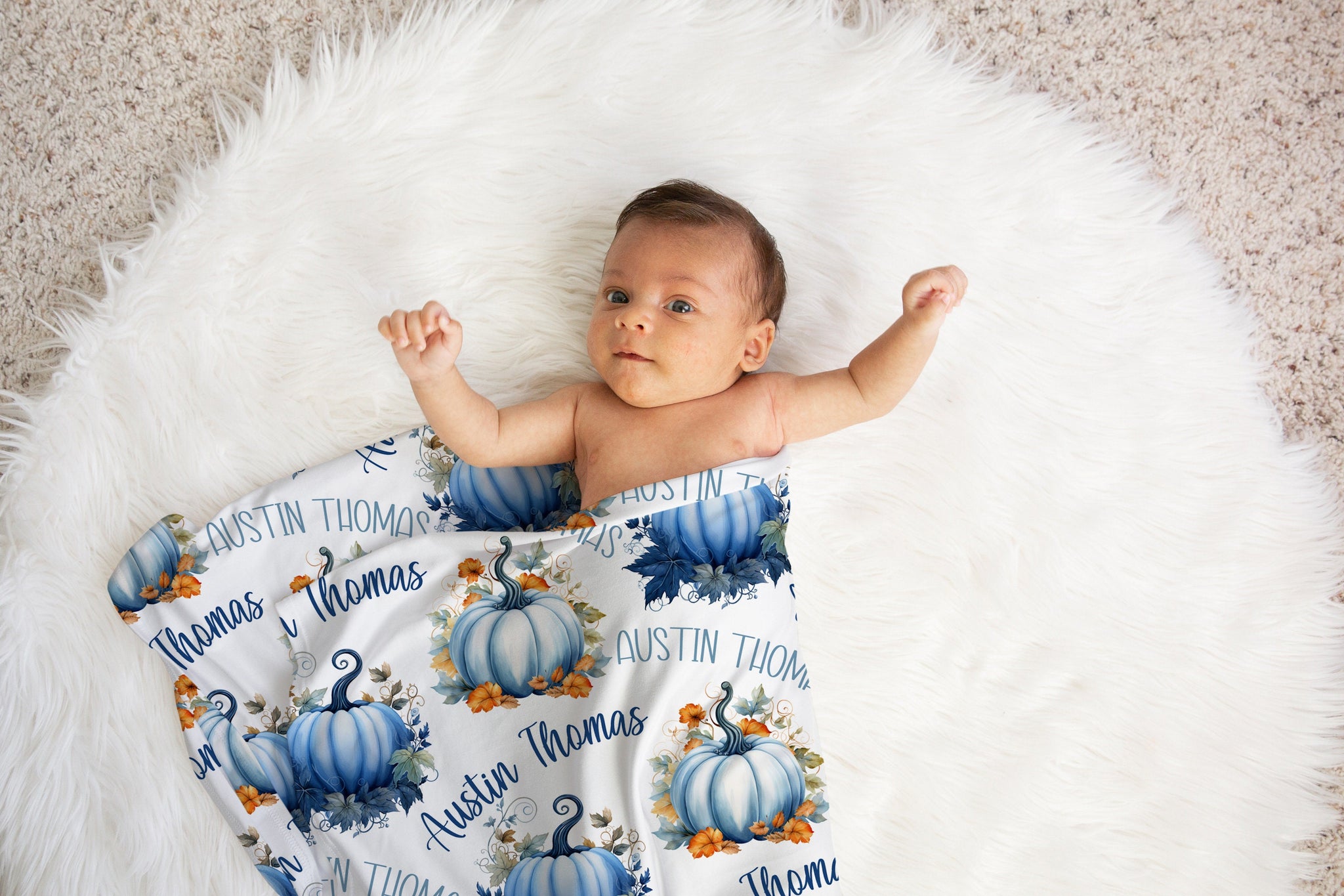 BLUE PUMPKIN Baby Boy Personalized Baby Name Swaddle Swaddle