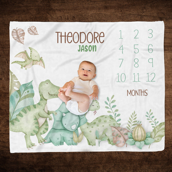 Baby Boy Dinosaur Milestone Blanket, Personalized Name Dino Blanket, T Rex Milestone Blanket, Baby Month Blanket, Month to Month Baby Growth