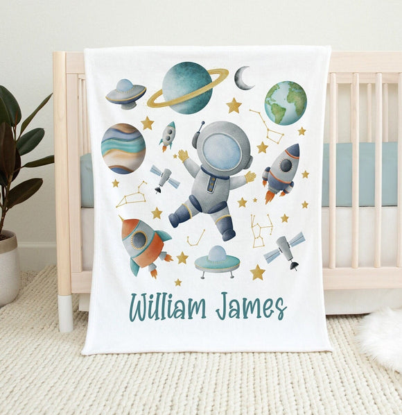PERSONALIZED BOY Space Blanket, Space Boy Baby Name Blanket, Toddler Boy Outer Space Astronaut Blanket, Custom Name Boy Blanket, Baby Gift