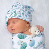 BABY BOY Blue Pumpkin Swaddle Blanket Knotted Hat Set, Pumpkin Swaddle, Baby Name Pumpkin Blanket, Personalized Baby Hat Swaddle Blanket