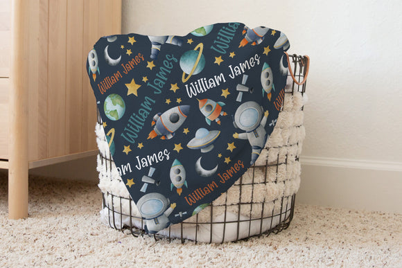 OUTER SPACE BABY Name Blanket, Baby Boy Space Astronaut Blanket, Planets Rocket Ships Blanket, Personalized Baby Blanket Space Earth Stars